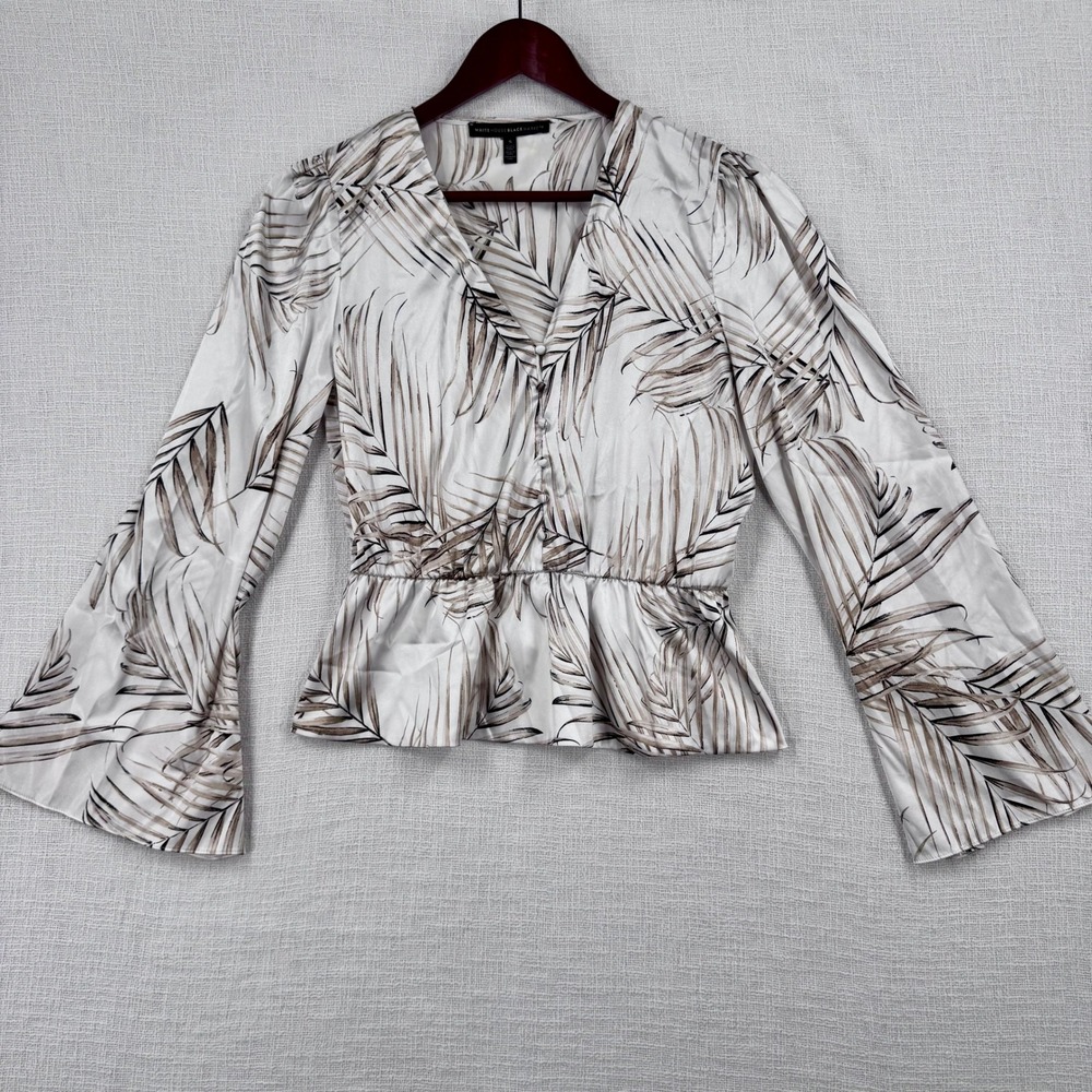 White House Black Market Palm Print Satin Peplum Blouse Bell Sleeve Neutral Boho - Picture 1 of 11